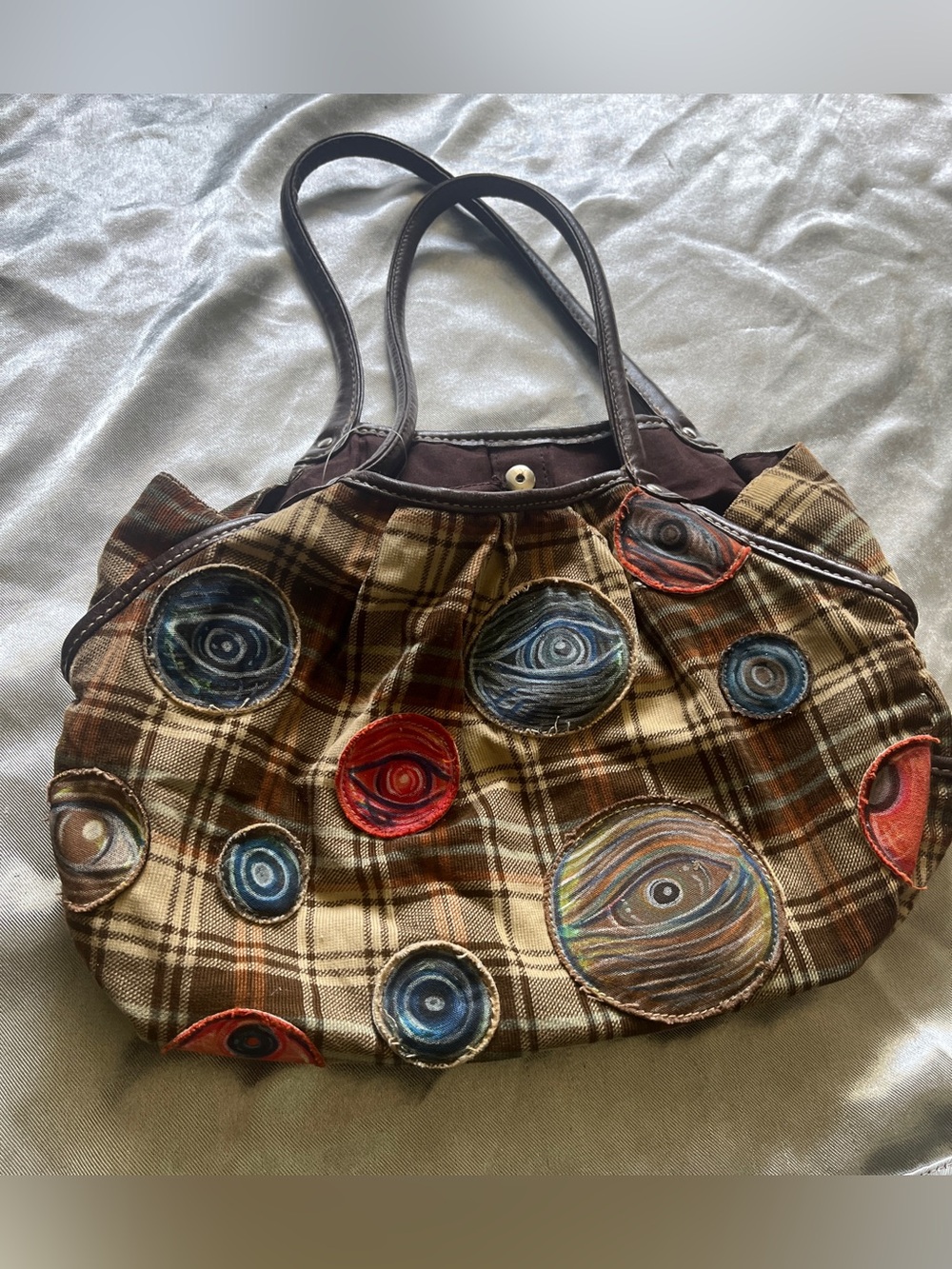 New hand painted Brown Plaid Tote Bag with Multicolor Eye Appliqués